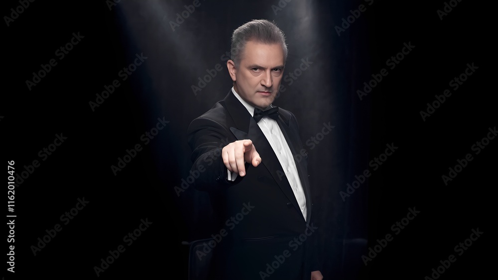 Dynamic male performer commanding attention in dramatic spotlight studio setting portrait photography high-contrast lighting engagement concept Dynamic male performer commanding attention in dramatic spotlight studio setting portrait photography high-contrast lighting engagement concept