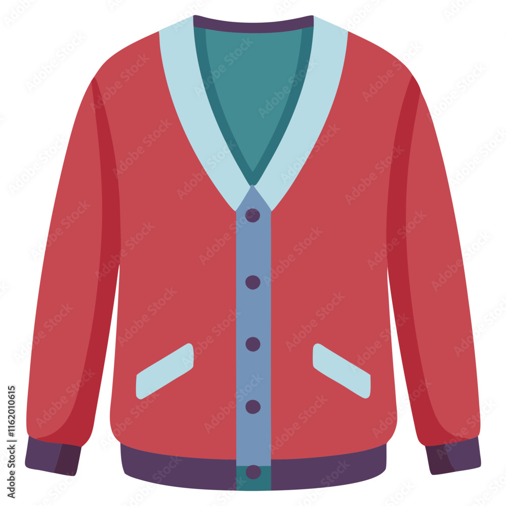 Red Cardigan with Blue Accents Illustration-Flat illustration of a red cardigan featuring light blue accents, buttons, and pockets, isolated on a white background.
Red Cardigan with Blue Accents Illustration-Flat illustration of a red cardigan featuring light blue accents, buttons, and pockets, isolated on a white background.