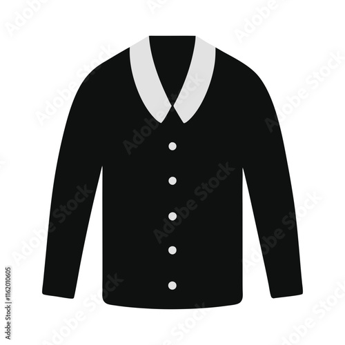 Black Shirt with White Collar Illustration, Minimalist illustration of a black long-sleeve shirt featuring a white collar and buttons, isolated on a white background.
