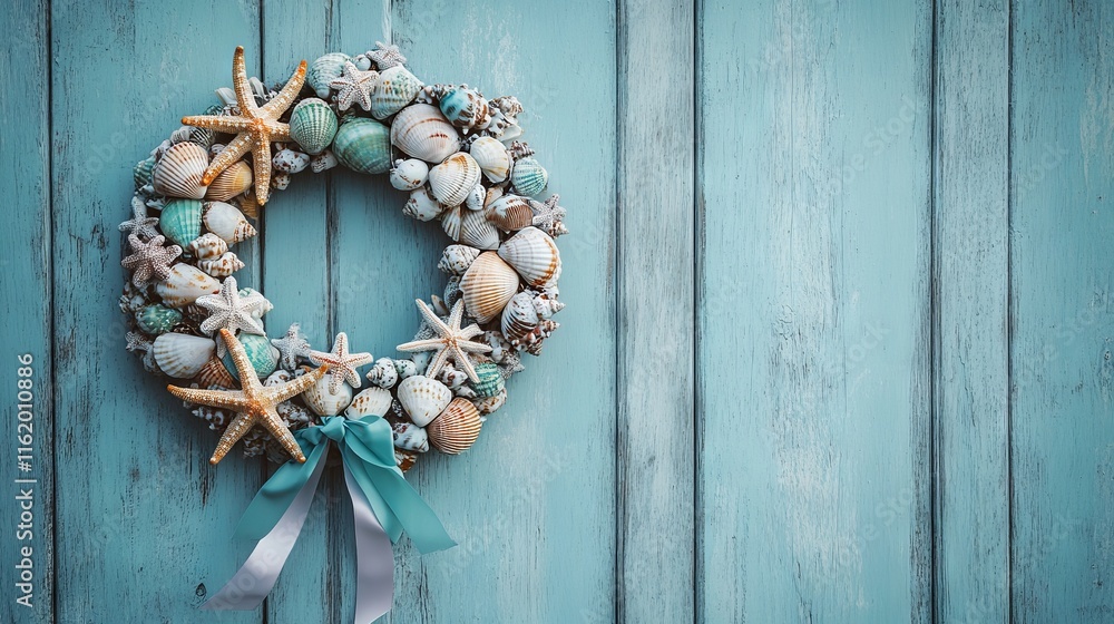 Seashell Wreath on Blue Wooden Door with Bokeh Effect. AI generated illustration