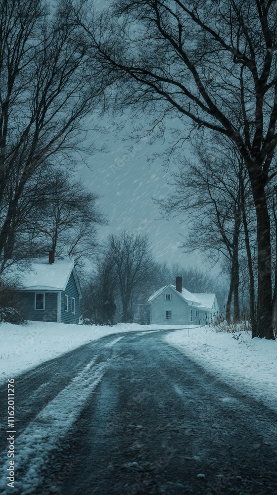 A quiet winter scene featuring two houses surrounded by snow and bare trees, creating a serene and chilly atmosphere. A quiet winter scene featuring two houses surrounded by snow and bare trees, creating a serene and chilly atmosphere.