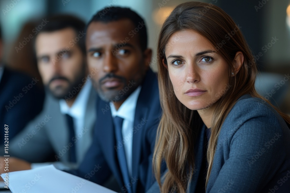 Serious multiracial corporate business team discuss paperwork at group briefing, Generative AI Serious multiracial corporate business team discuss paperwork at group briefing, Generative AI
