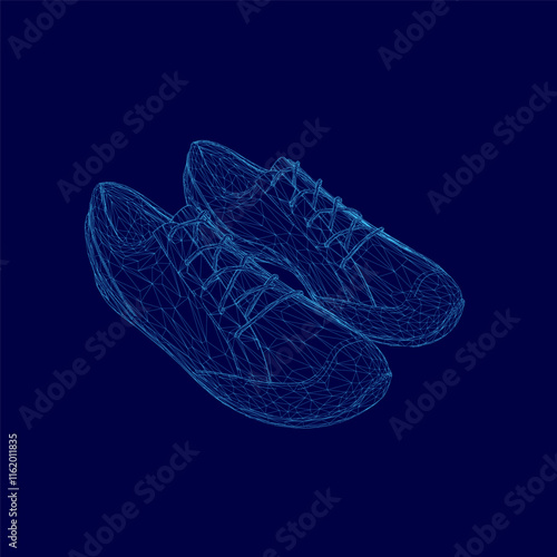 Pair of shoes are shown in a blue background. Concept of depth and dimension