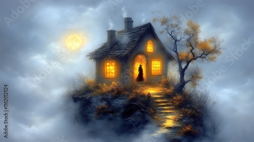 A lone figure stands at a cottage on a misty mountaintop photo