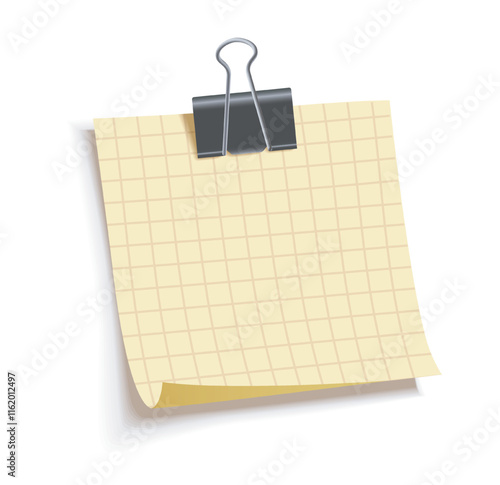 Yellow grid paper note with a black binder clip on a white background, realistic vector illustration with shadows, perfect for reminders, office, or creative projects
