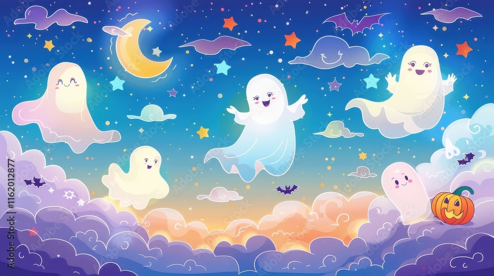 Cute ghosts floating in a night sky with clouds, stars, moon, and bats. Cute ghosts floating in a night sky with clouds, stars, moon, and bats.