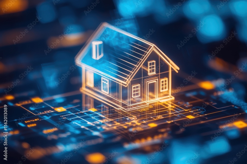 Innovative holographic house model with savings visualization digital space 3d render futuristic environment tech perspective Innovative holographic house model with savings visualization digital space 3d render futuristic environment tech perspective