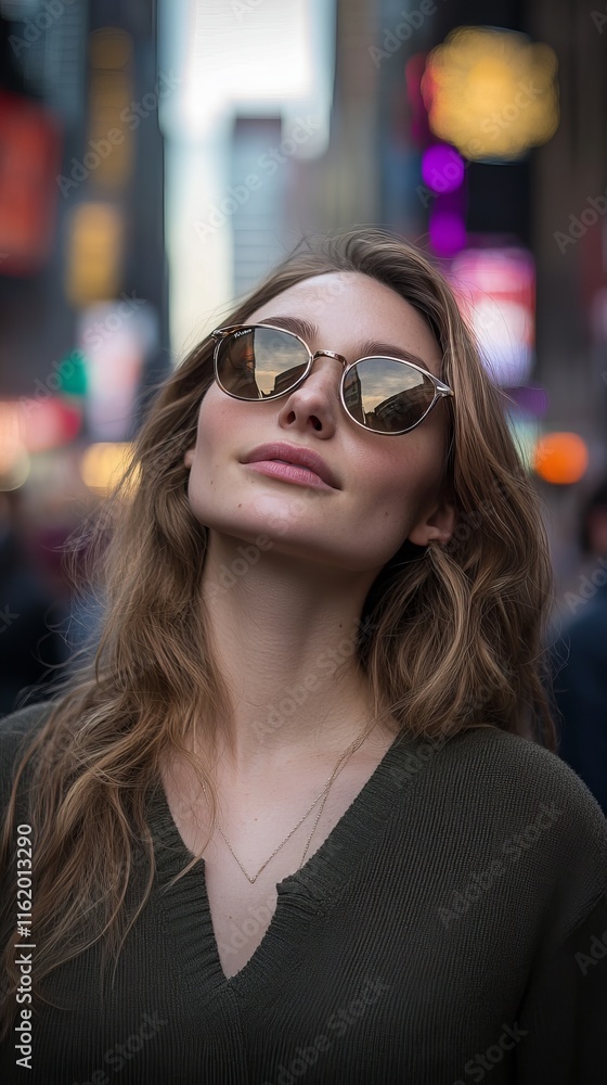 A young Caucasian woman wearing sunglasses, confidently posing with city lights in the background, embodying urban elegance. A young Caucasian woman wearing sunglasses, confidently posing with city lights in the background, embodying urban elegance.