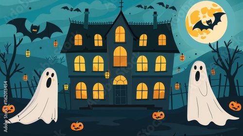 Haunted house, ghosts, bats, pumpkins, Halloween night. photo