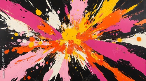 A bold collision of orange pink and yellow splashes in the center creating a dynamic visual impact