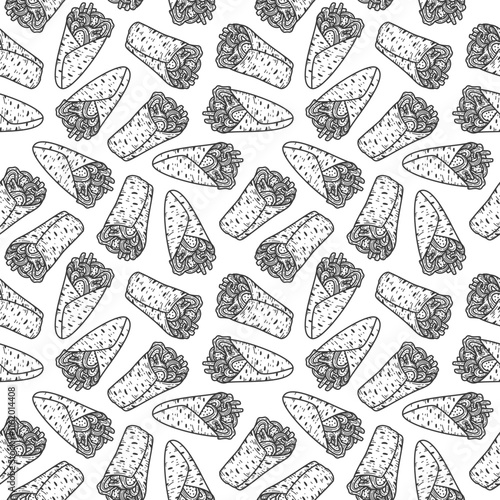 Kebab Illustration Pattern. shawarma pattern background. burrito pattern background. Rolled Sandwich doodle illustration