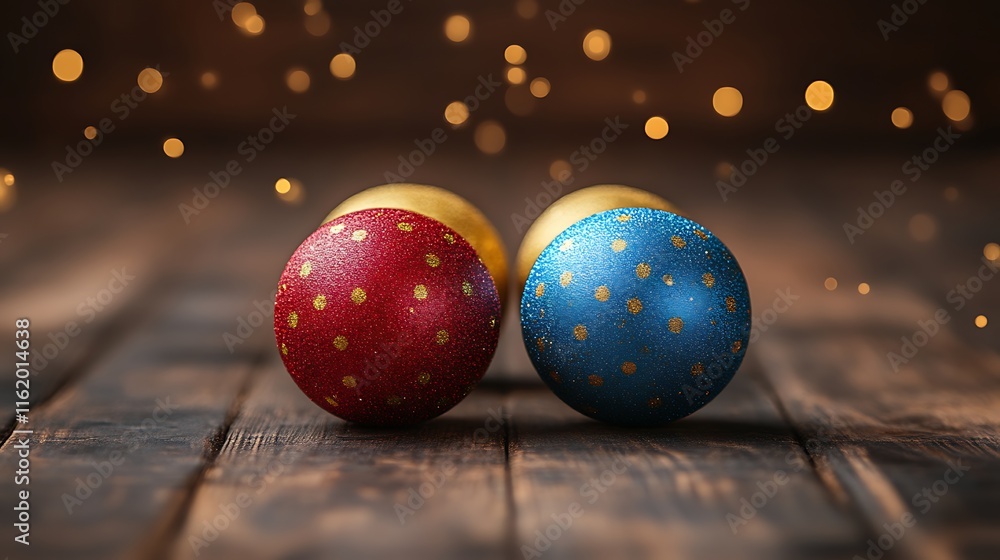 Festive Decorated Eggs On Wooden Surface Festive Decorated Eggs On Wooden Surface