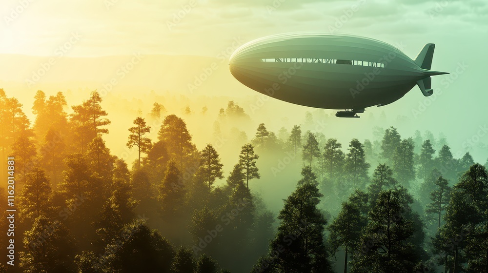 A surreal scene of a zeppelin gliding above a misty forest at dawn, blending natural beauty with vintage aviation. A surreal scene of a zeppelin gliding above a misty forest at dawn, blending natural beauty with vintage aviation.