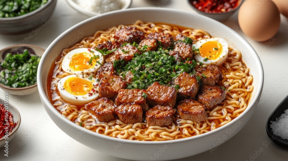 Delicious beef ramen noodles with soft boiled eggs in a white bowl. Delicious beef ramen noodles with soft boiled eggs in a white bowl.