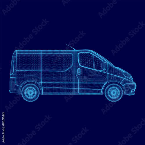 Blue car is shown in a 3D image. The car is a van and is shown in a very detailed and realistic way. The image has a futuristic and modern feel to it, with the car being the main focus of the image