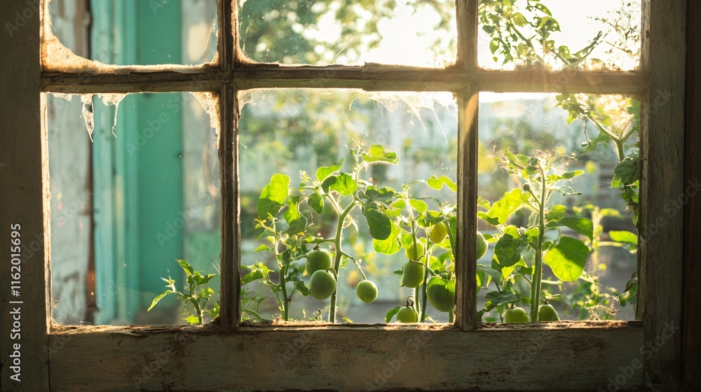 Fototapeta premium Tomatillo plants under soft sunlight, framed by an old wooden window with peeling paint