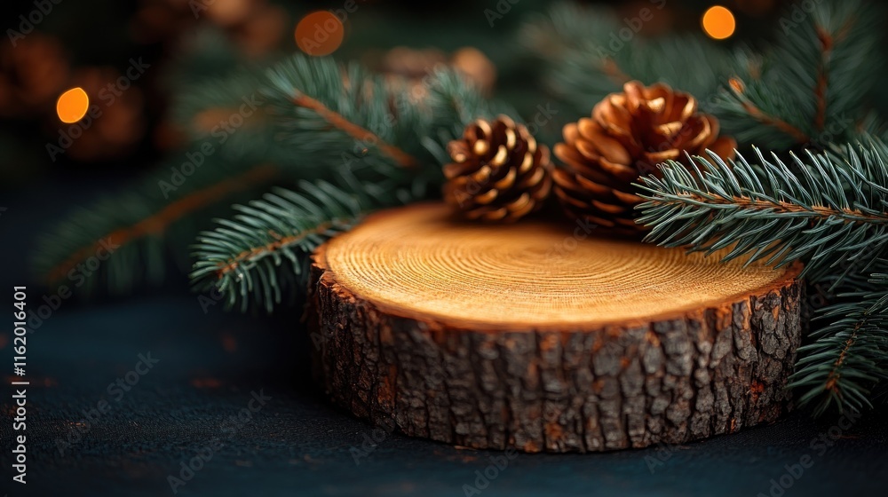Rustic wood slice with pine cones and branches. Rustic wood slice with pine cones and branches.