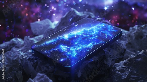 Wallpaper Mural portable charging cover featuring advanced technology, surrounded by sparkling stars in a cosmic-themed background. Torontodigital.ca