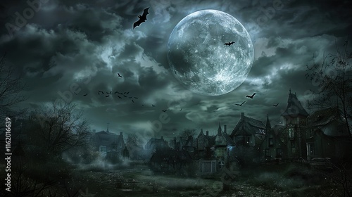 Spooky Halloween village under full moon. photo