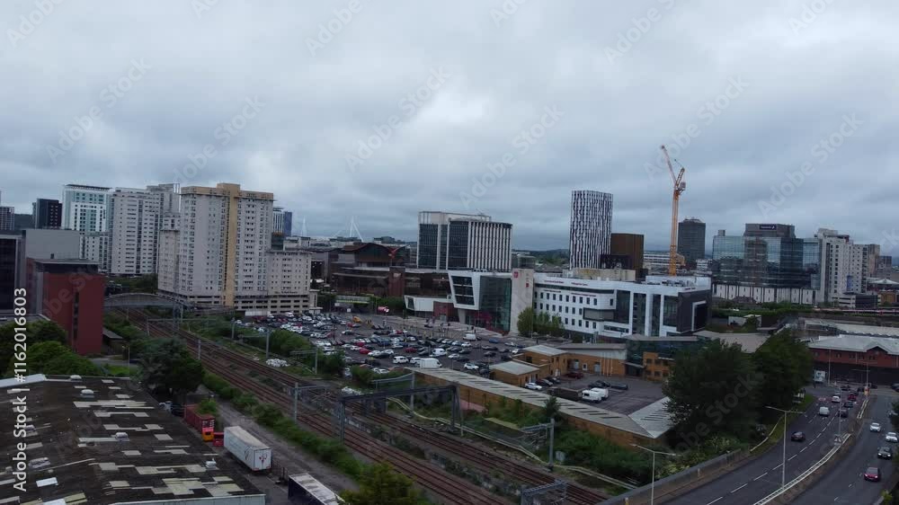 High Angle View of Cardiff City Centre and Buildings at Downtown. The Capital City of Wales and Eleventh Largest City of United Kingdom. Aerial Footage Was Captured During Rainy and Cloudy Day High Angle View of Cardiff City Centre and Buildings at Downtown. The Capital City of Wales and Eleventh Largest City of United Kingdom. Aerial Footage Was Captured During Rainy and Cloudy Day