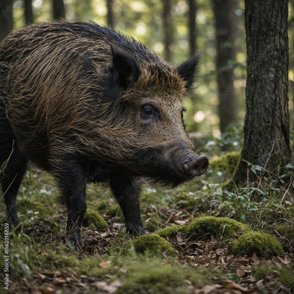 Focus on a wild boar rummaging through the forest. Focus on a wild boar rummaging through the forest.