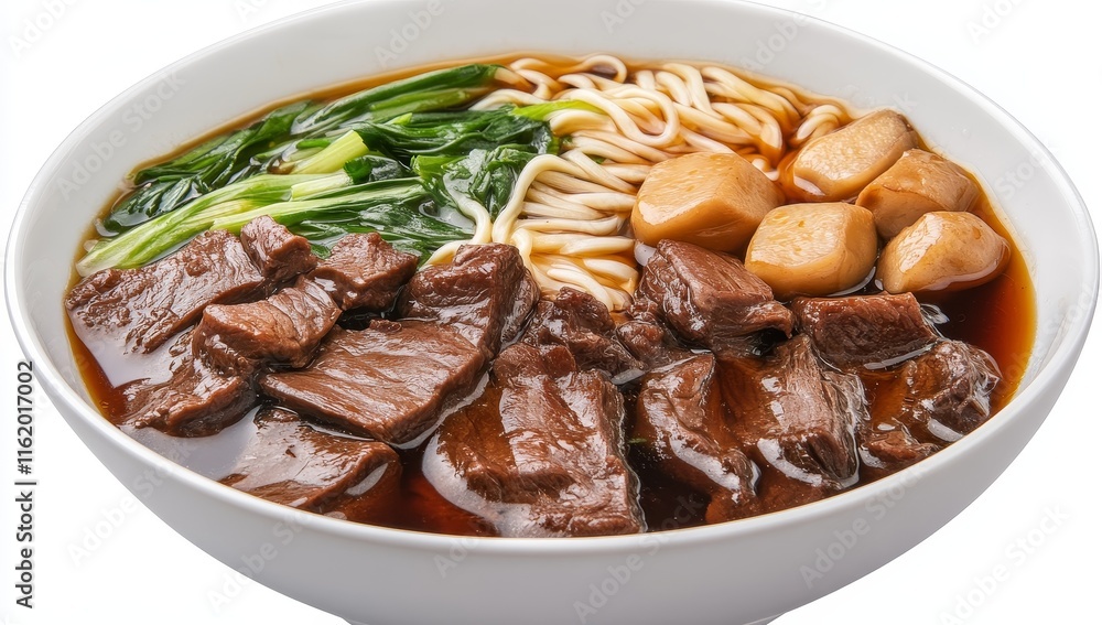 Beef noodle soup with bok choy and fish balls in a white bowl. Beef noodle soup with bok choy and fish balls in a white bowl.