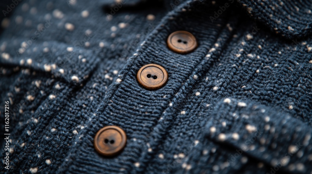 Close-up of textured navy blue knitwear with wooden buttons.