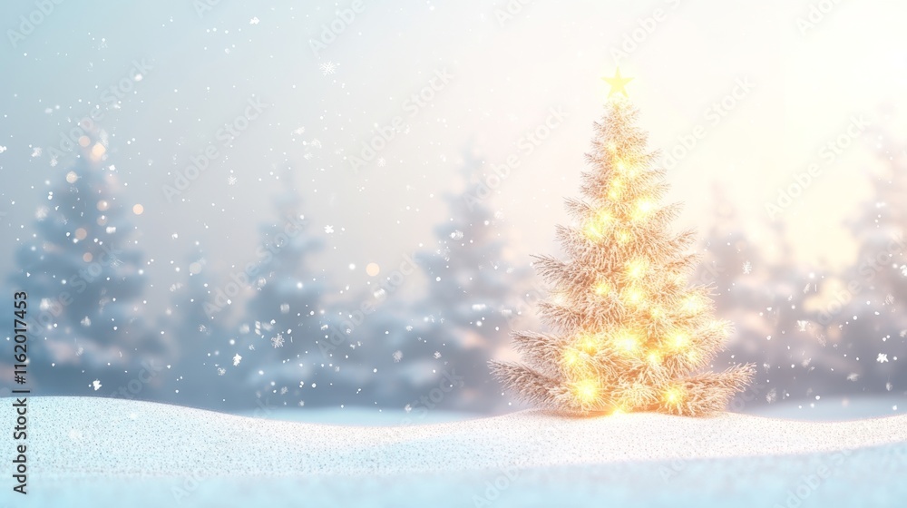 Fototapeta premium Winter Wonderland - Festive 3D Christmas Tree in Serene Snowy Landscape for Banner or Website Use