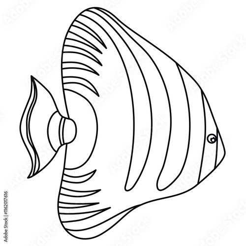 Cute cartoon hand drawn vector freshwater angelfish coloring page.