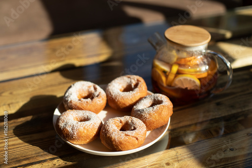 Donuts on table. Delicious food on table. Breakfast in morning. photo