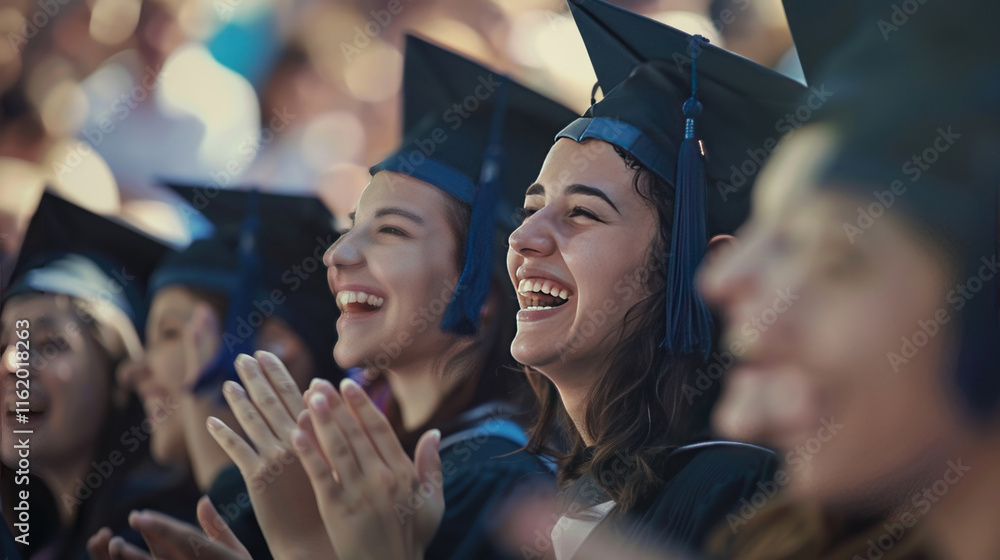 Fototapeta premium happy moments, cheering and clapping at a graduation ceremony, vibrant and dynamic, natural lighting, joyful mood,