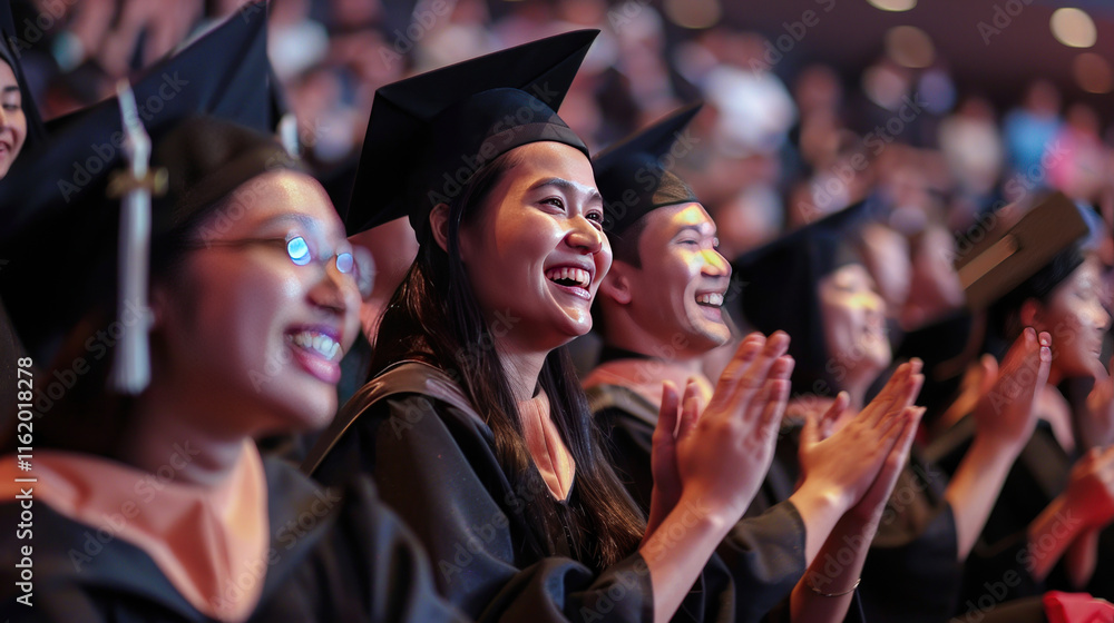 Fototapeta premium happy moments, cheering and clapping at a graduation ceremony, vibrant and dynamic, natural lighting, joyful mood,