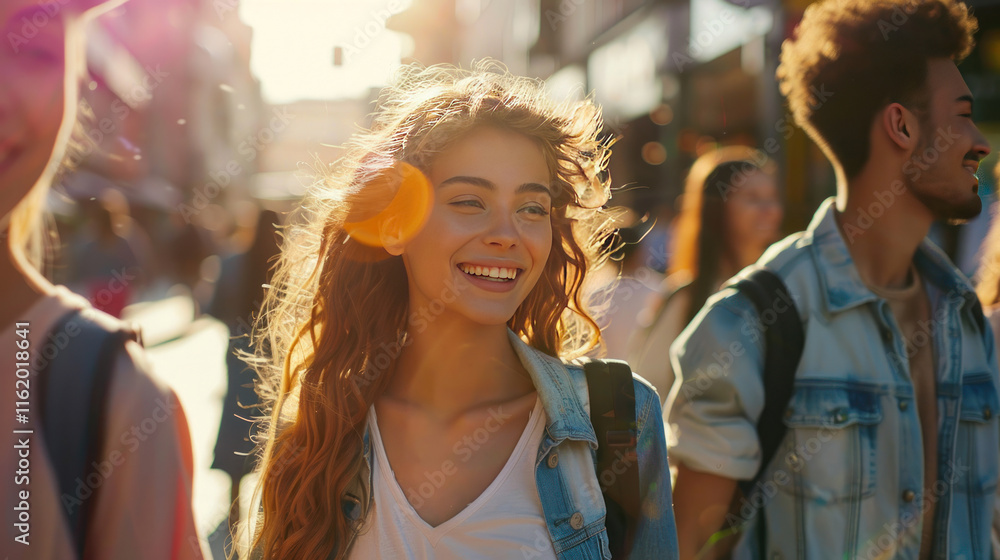 Obraz premium happy moments, walking through a busy city street with happy faces, vibrant and dynamic, natural lighting, joyful mood,