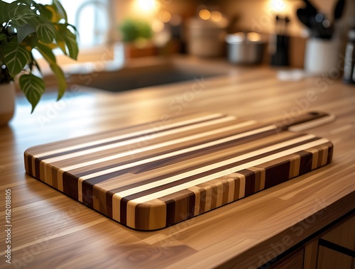 Elegant wooden cutting board with striped design featuring natural wood grains, perfect for kitchen countertops, blending functionality with style for meal preparation, serving, and decor in modern ki photo