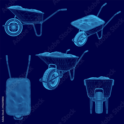 Blue image of a wheelbarrow with a blue background. The wheelbarrow is shown in different positions, with the handlebars and wheels visible. Concept of motion and movement