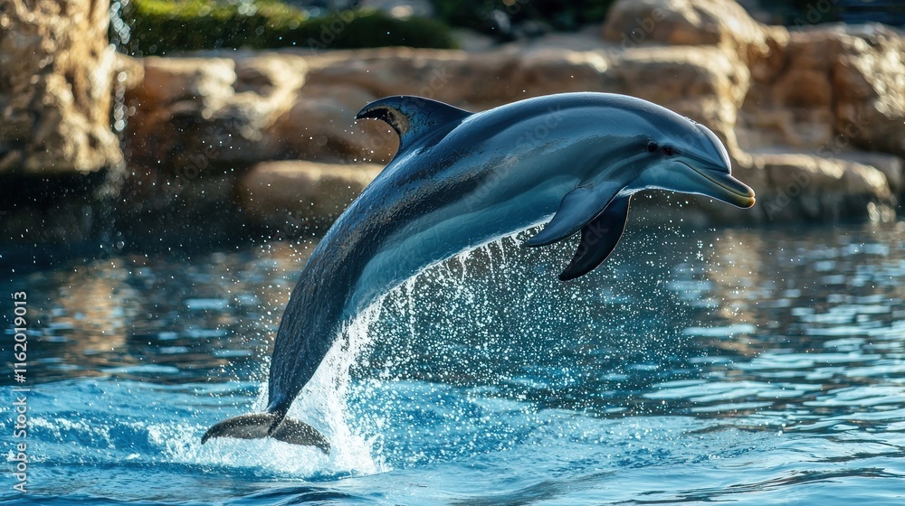 Obraz premium A bottlenose dolphin leaping out of the water near a boat.