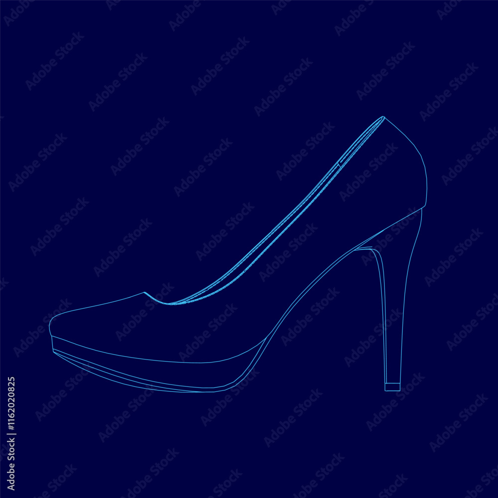 Blue shoe with a high heel and a pointed toe. The shoe is drawn in a contour style Blue shoe with a high heel and a pointed toe. The shoe is drawn in a contour style