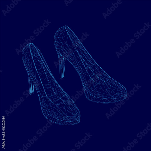 Pair of high heels are shown in a blue background. The shoes are stylized and appear to be made of wire. The image has a futuristic and artistic feel to it