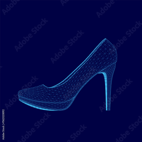 Blue shoe with a high heel and a pointed toe. The shoe is shown in a 3D