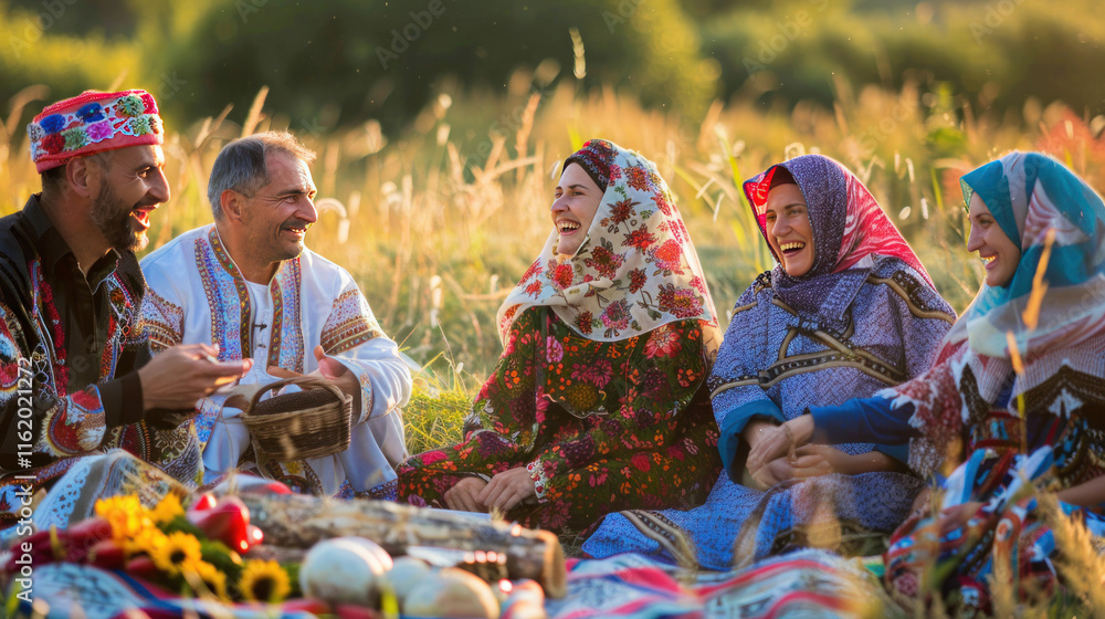 Fototapeta premium happy people in traditional clothing, smiling while interacting with pets in the backyard, vibrant and dynamic, natural lighting, joyful mood,