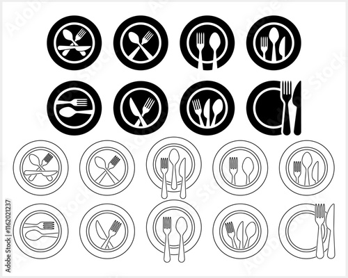 Stencil cutlery fork spoon knife plate icon isolated Food clipart Vector stock illustration