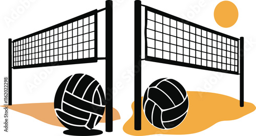 Beach volleyball net and ball in silhouette