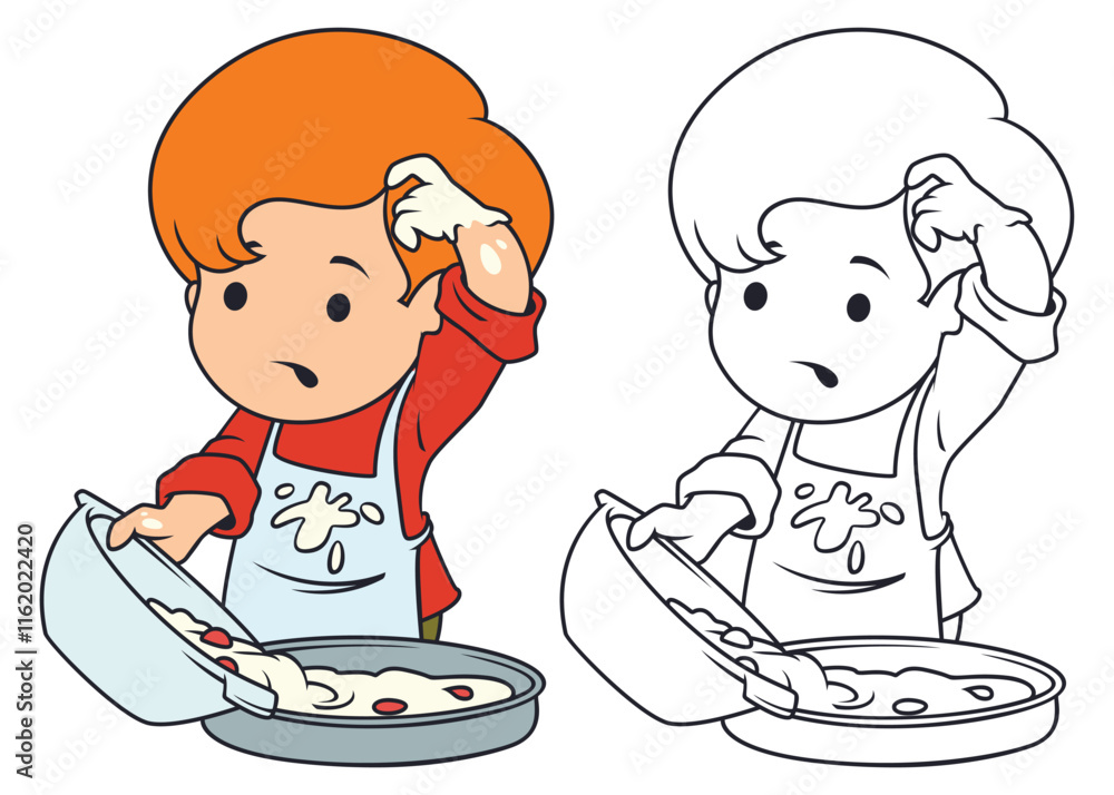 Pensive boy preparing delicious food. Funny people. Pensive boy preparing delicious food. Funny people.