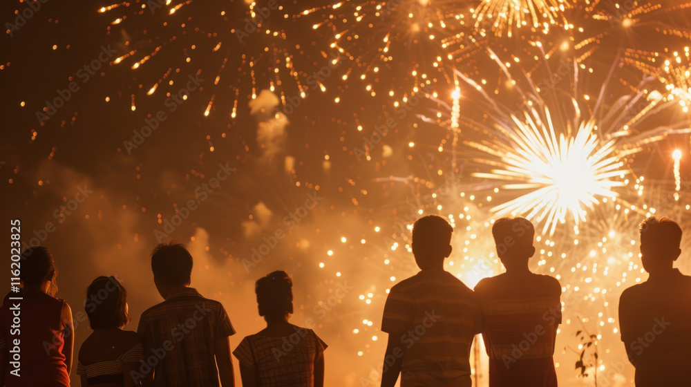 happy workers, watching fireworks during a festive evening, vibrant and dynamic, natural lighting, joyful mood, happy workers, watching fireworks during a festive evening, vibrant and dynamic, natural lighting, joyful mood,