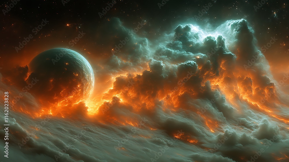 Fototapeta premium Fiery Nebula Planet Cosmic Cloudscape Dramatic Space Scene