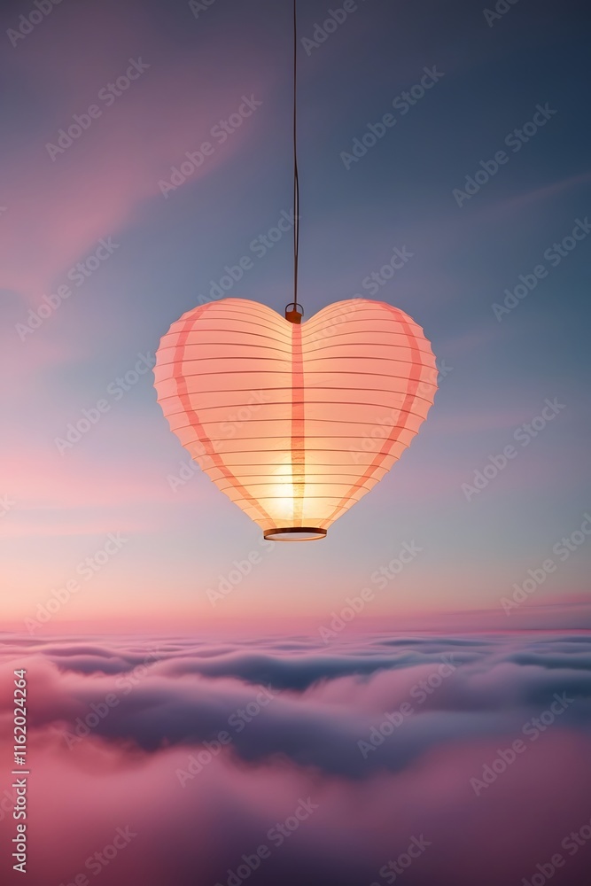 Fototapeta premium A glowing paper lantern shaped like a heart floating into a twilight sky, with soft pink and gold hues