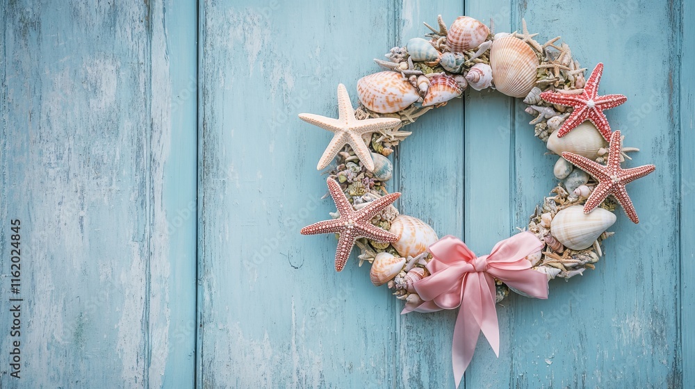 Seashell Wreath on Blue Wooden Door with Bokeh Effect. AI generated illustration Seashell Wreath on Blue Wooden Door with Bokeh Effect. AI generated illustration
