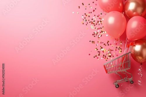 Festive shopping cart celebration shiny pink background image fun environment playful viewpoint joyful concept for holiday cheer photo