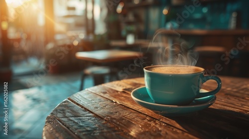 Steaming coffee cup on rustic wooden table in cafe.