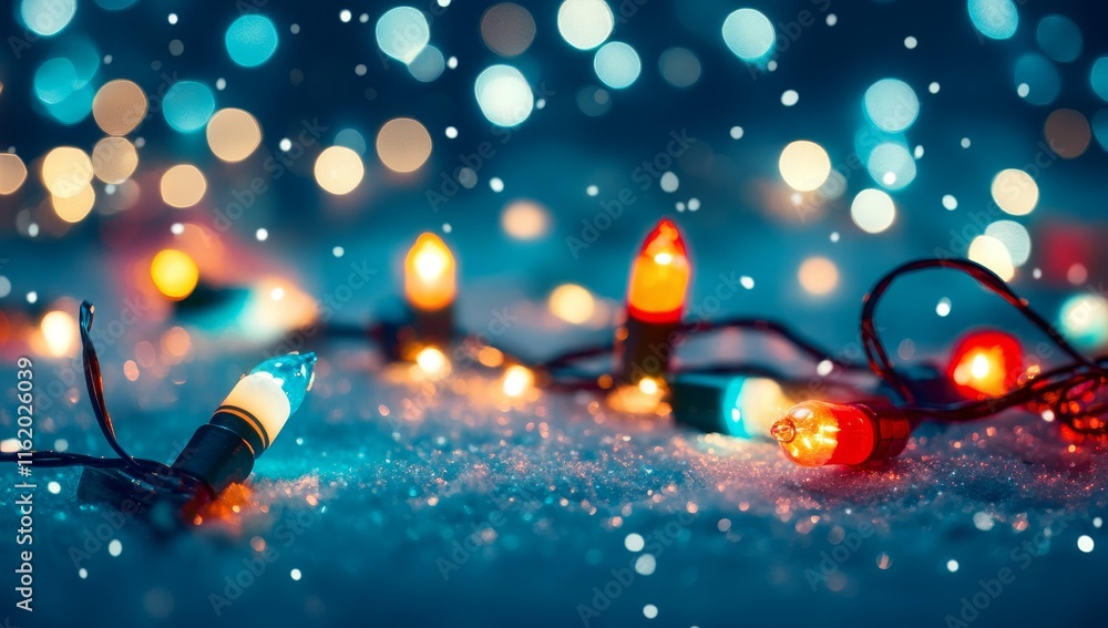 Festive Christmas lights on snow with bokeh. Festive Christmas lights on snow with bokeh.